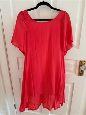 Audrey 3+1 Coral High-Low Flutter Sleeve Dress